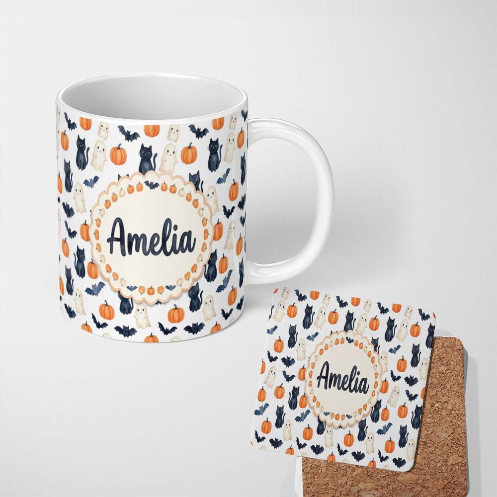 Personalized Custom Name Cute Halloween Ghost Pumpkin Bat Cat Seamless Pattern Light Grey 11oz Ceramic Coffee Tea Mug White Large Handle