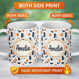 Personalized Custom Name Cute Halloween Ghost Pumpkin Bat Cat Seamless Pattern Light Grey 11oz Ceramic Coffee Tea Mug White Large Handle