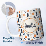 Personalized Custom Name Cute Halloween Ghost Pumpkin Bat Cat Seamless Pattern Light Grey 11oz Ceramic Coffee Tea Mug White Large Handle
