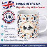 Personalized Custom Name Cute Halloween Ghost Pumpkin Bat Cat Seamless Pattern Light Grey 11oz Ceramic Coffee Tea Mug White Large Handle