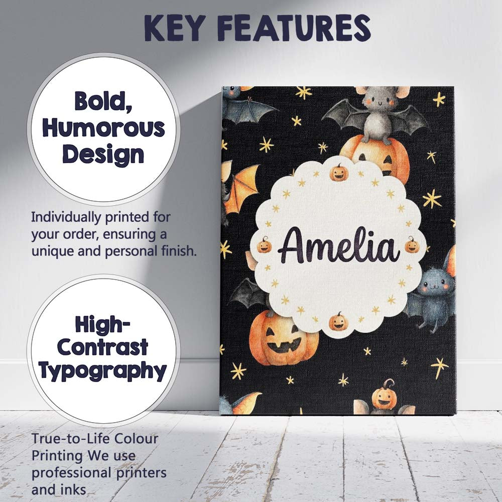 Personalised Name Cute Halloween Bat Custom Premium Decorative Design Modern Room Accent Canvas Wall Art Print Decor Picture Ready to Hang