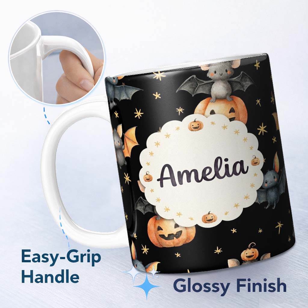 Personalized Custom Name Cute Halloween Bat Pumpkin Star Night Seamless Pattern Black 11oz Ceramic Coffee Tea Mug White Large Handle