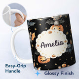 Personalized Custom Name Cute Halloween Bat Pumpkin Star Night Seamless Pattern Black 11oz Ceramic Coffee Tea Mug White Large Handle