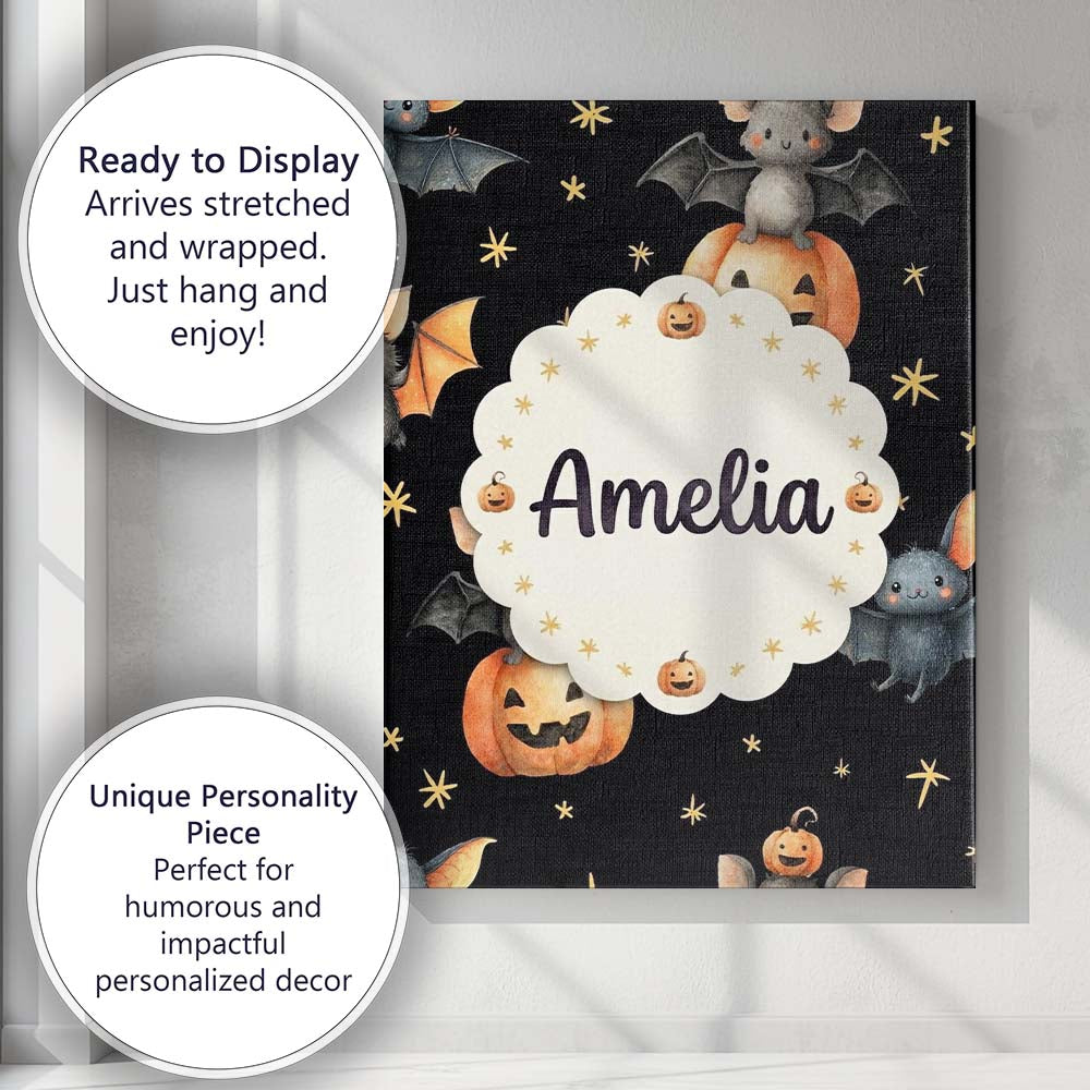 Personalised Name Cute Halloween Bat Custom Premium Decorative Design Modern Room Accent Canvas Wall Art Print Decor Picture Ready to Hang