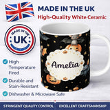 Personalized Custom Name Cute Halloween Bat Pumpkin Star Night Seamless Pattern Black 11oz Ceramic Coffee Tea Mug White Large Handle