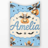 Cute Halloween Bat Pumpkin Star Night Seamless Pattern Blue  Personalised Custom Name Super Soft Fleece Blanket Bed Sofa Throw