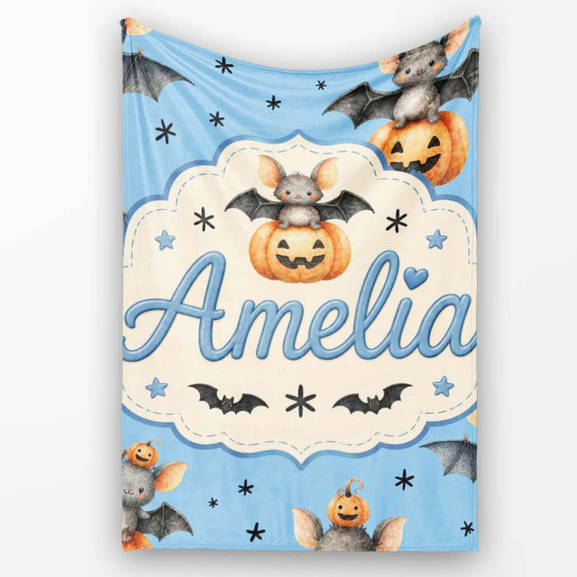 Cute Halloween Bat Pumpkin Star Night Seamless Pattern Blue  Personalised Custom Name Super Soft Fleece Blanket Bed Sofa Throw