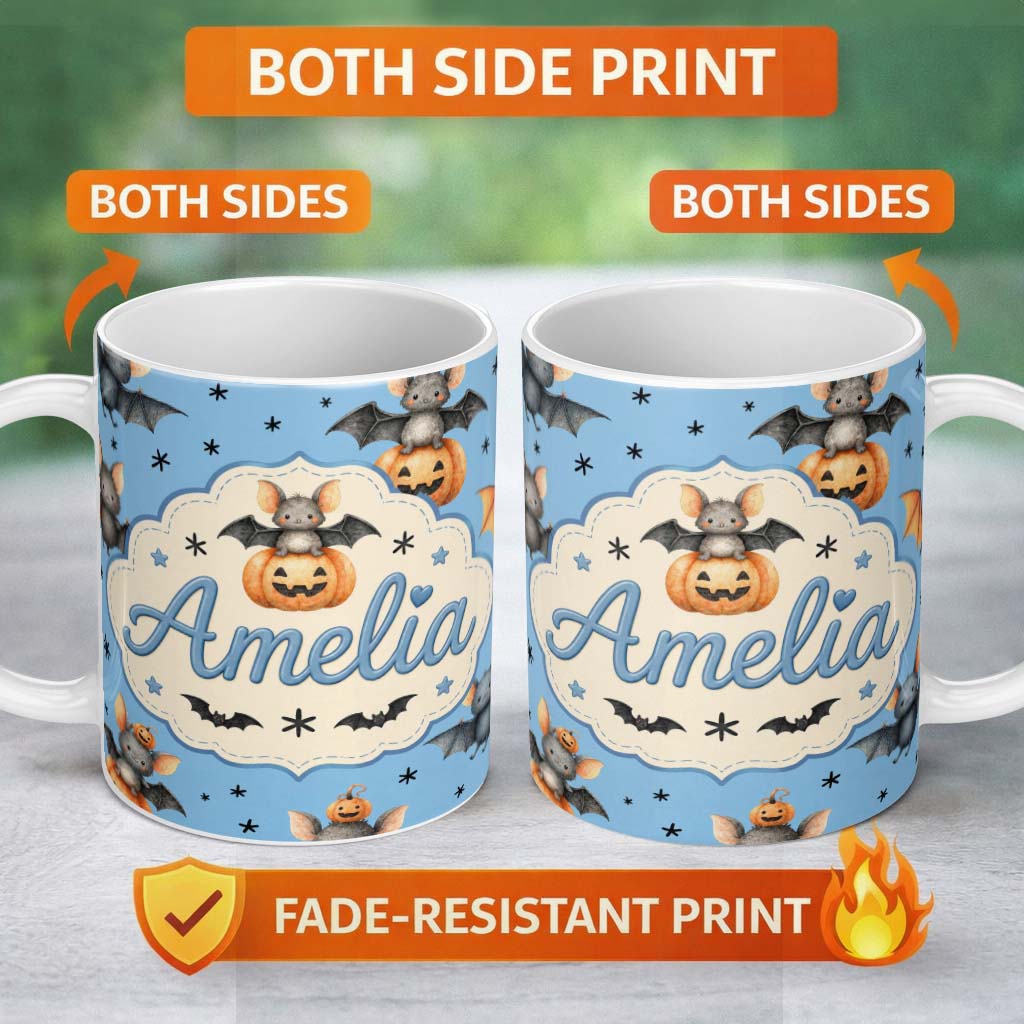 Personalized Custom Name Cute Halloween Bat Pumpkin Star Night Seamless Pattern Blue 11oz Ceramic Coffee Tea Mug White Large Handle