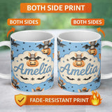 Personalized Custom Name Cute Halloween Bat Pumpkin Star Night Seamless Pattern Blue 11oz Ceramic Coffee Tea Mug White Large Handle