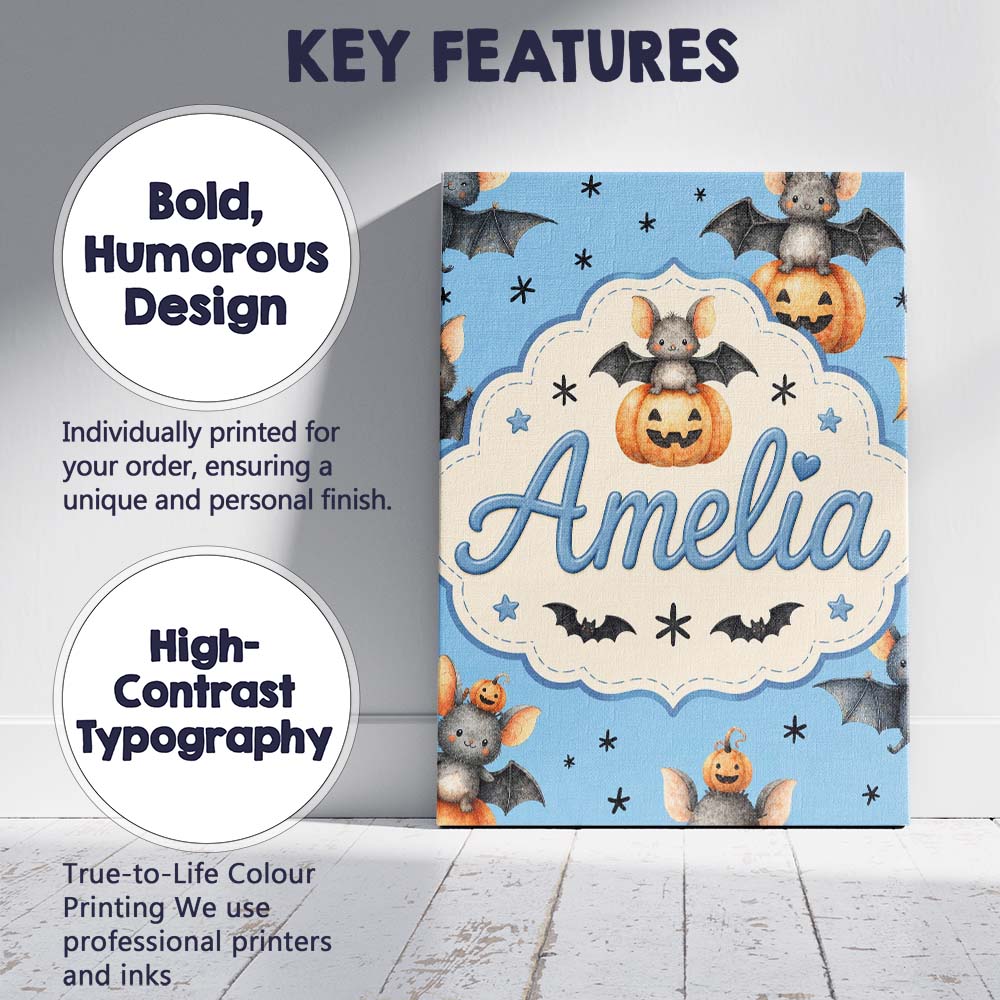 Personalised Name Cute Halloween Bat Custom Premium Decorative Design Modern Room Accent Canvas Wall Art Print Decor Picture Ready to Hang