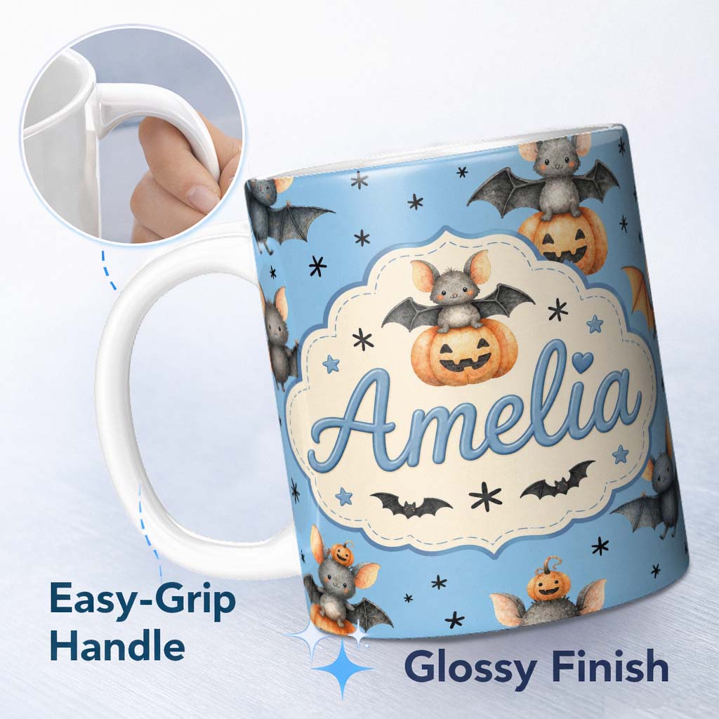 Personalized Custom Name Cute Halloween Bat Pumpkin Star Night Seamless Pattern Blue 11oz Ceramic Coffee Tea Mug White Large Handle