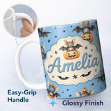 Personalized Custom Name Cute Halloween Bat Pumpkin Star Night Seamless Pattern Blue 11oz Ceramic Coffee Tea Mug White Large Handle