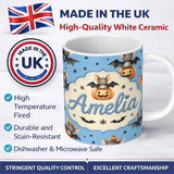Personalized Custom Name Cute Halloween Bat Pumpkin Star Night Seamless Pattern Blue 11oz Ceramic Coffee Tea Mug White Large Handle
