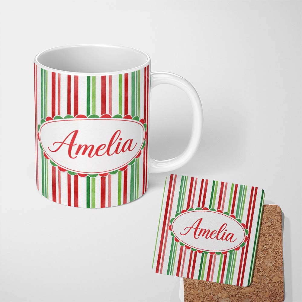 Personalized Custom Name Watercolor Vertical Red Green Stripe Christmas Seamless Pattern 11oz Ceramic Coffee Tea Mug White Large Handle