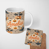 Personalized Custom Name Cute Halloween Bat Pumpkin Star Night Seamless Pattern Taupe 11oz Ceramic Coffee Tea Mug White Large Handle
