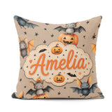 Custom Name Cute Halloween Bat Pumpkin Star Night Seamless Taupe Square Filled Cushion Throw Pillow Sofa Bed Home Decor Zip Washable UK Made