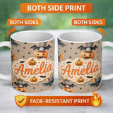 Personalized Custom Name Cute Halloween Bat Pumpkin Star Night Seamless Pattern Taupe 11oz Ceramic Coffee Tea Mug White Large Handle
