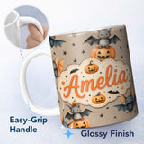 Personalized Custom Name Cute Halloween Bat Pumpkin Star Night Seamless Pattern Taupe 11oz Ceramic Coffee Tea Mug White Large Handle