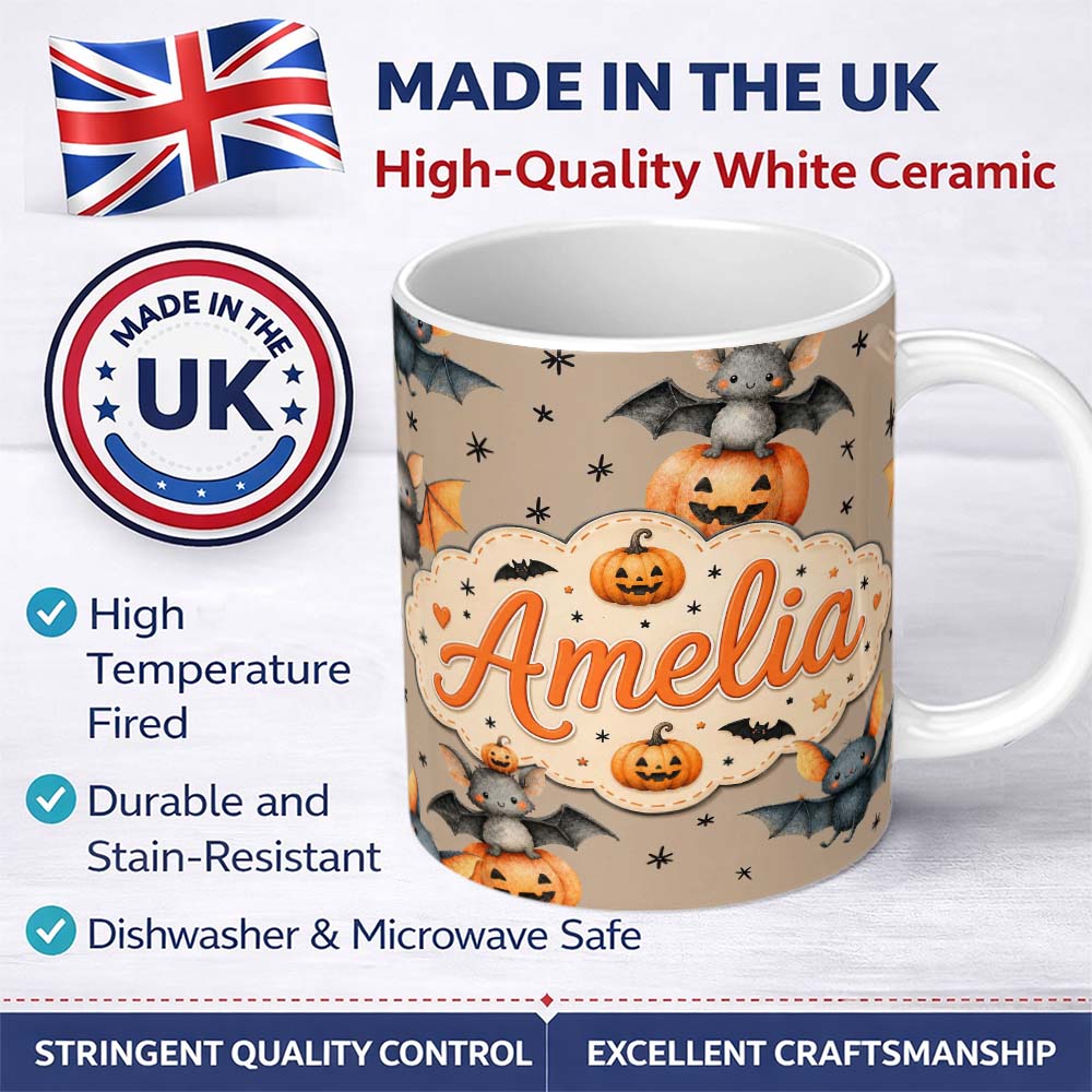 Personalized Custom Name Cute Halloween Bat Pumpkin Star Night Seamless Pattern Taupe 11oz Ceramic Coffee Tea Mug White Large Handle
