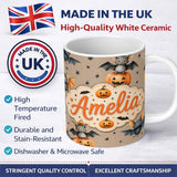 Personalized Custom Name Cute Halloween Bat Pumpkin Star Night Seamless Pattern Taupe 11oz Ceramic Coffee Tea Mug White Large Handle