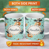 Personalized Custom Name Cute Halloween Bat Pumpkin Star Night Seamless Pattern Mint Green 11oz Ceramic Coffee Tea Mug White Large Handle
