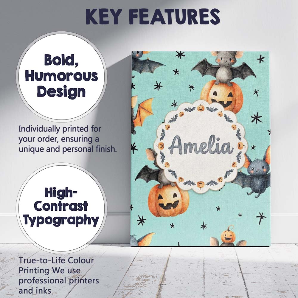 Personalised Name Cute Halloween Bat Custom Premium Decorative Design Modern Room Accent Canvas Wall Art Print Decor Picture Ready to Hang