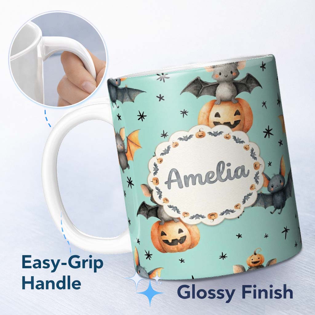 Personalized Custom Name Cute Halloween Bat Pumpkin Star Night Seamless Pattern Mint Green 11oz Ceramic Coffee Tea Mug White Large Handle