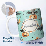 Personalized Custom Name Cute Halloween Bat Pumpkin Star Night Seamless Pattern Mint Green 11oz Ceramic Coffee Tea Mug White Large Handle