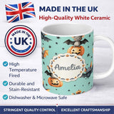 Personalized Custom Name Cute Halloween Bat Pumpkin Star Night Seamless Pattern Mint Green 11oz Ceramic Coffee Tea Mug White Large Handle