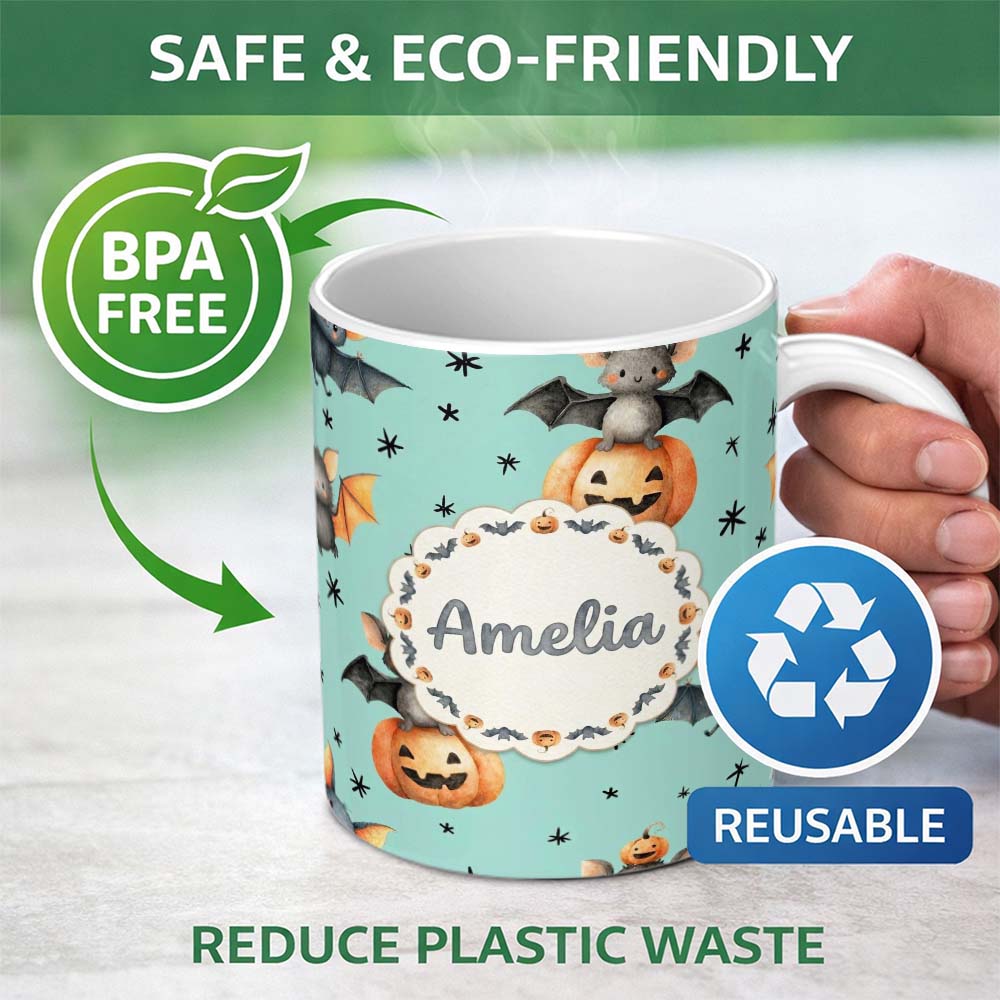 Personalized Custom Name Cute Halloween Bat Pumpkin Star Night Seamless Pattern Mint Green 11oz Ceramic Coffee Tea Mug White Large Handle