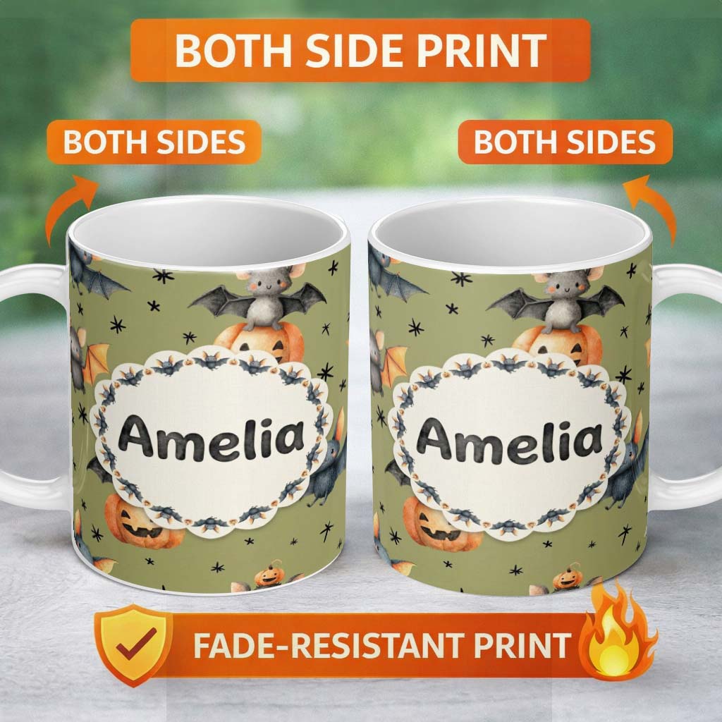 Personalized Custom Name Cute Halloween Bat Pumpkin Star Night Seamless Pattern Olive Green 11oz Ceramic Coffee Tea Mug White Large Handle