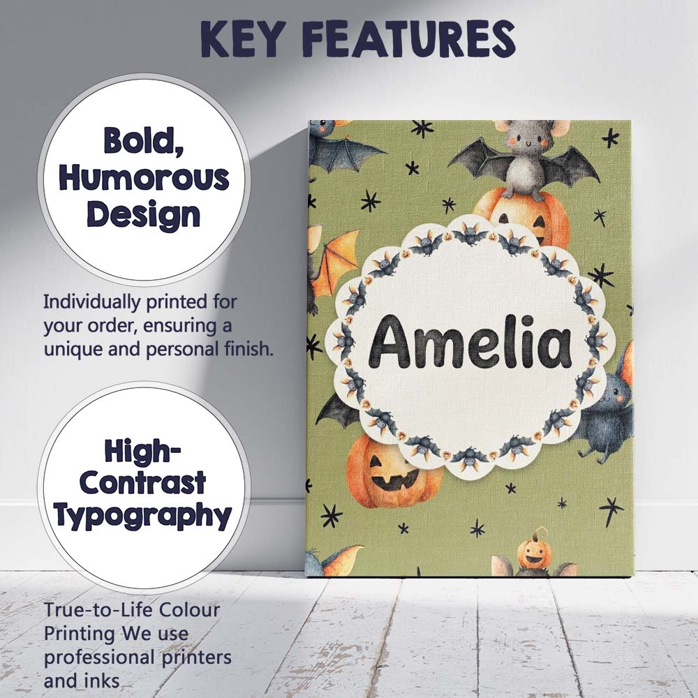 Personalised Name Cute Halloween Bat Custom Premium Decorative Design Modern Room Accent Canvas Wall Art Print Decor Picture Ready to Hang