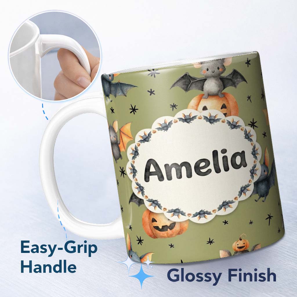 Personalized Custom Name Cute Halloween Bat Pumpkin Star Night Seamless Pattern Olive Green 11oz Ceramic Coffee Tea Mug White Large Handle
