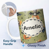Personalized Custom Name Cute Halloween Bat Pumpkin Star Night Seamless Pattern Olive Green 11oz Ceramic Coffee Tea Mug White Large Handle