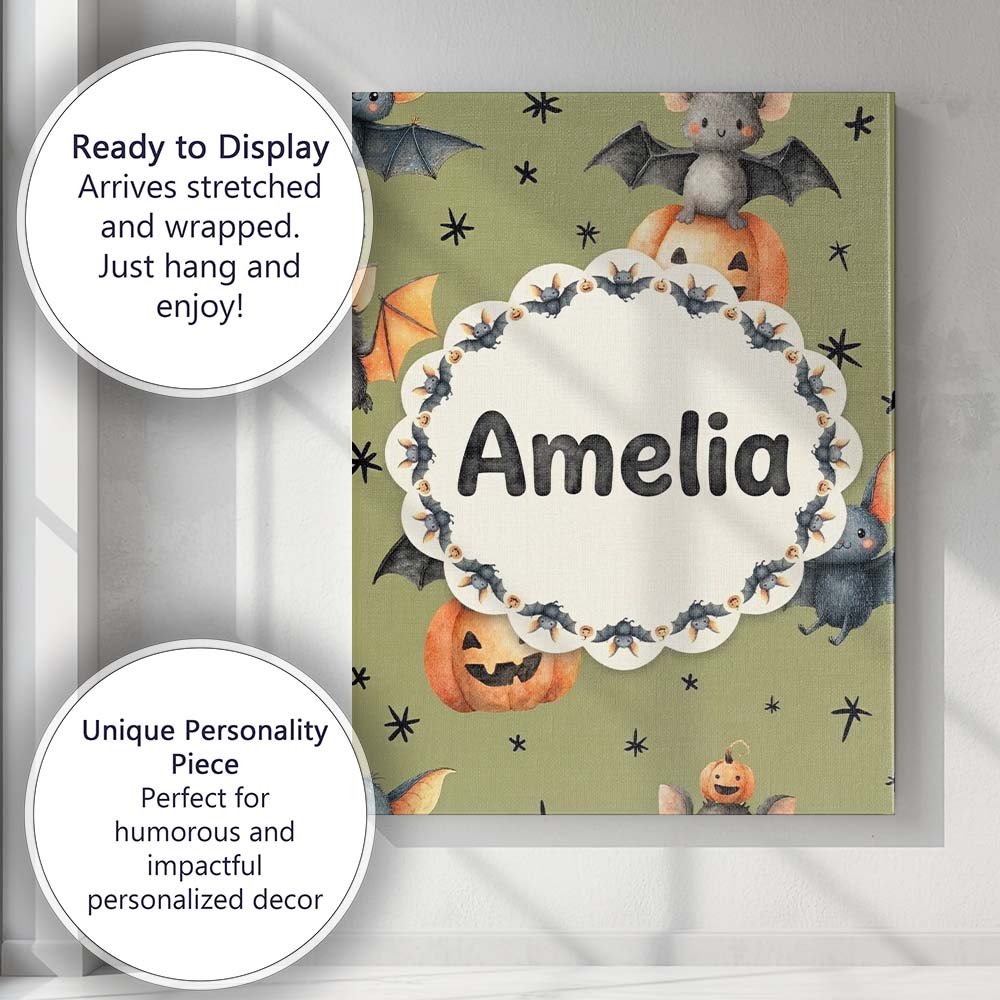 Personalised Name Cute Halloween Bat Custom Premium Decorative Design Modern Room Accent Canvas Wall Art Print Decor Picture Ready to Hang