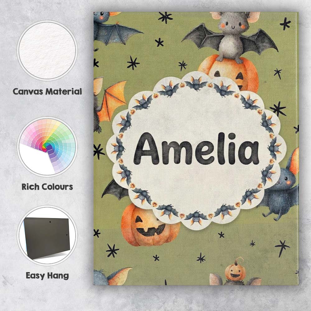 Personalised Name Cute Halloween Bat Custom Premium Decorative Design Modern Room Accent Canvas Wall Art Print Decor Picture Ready to Hang