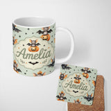 Personalized Custom Name Cute Halloween Bat Pumpkin Star Night Seamless Pattern Sage Green 11oz Ceramic Coffee Tea Mug White Large Handle