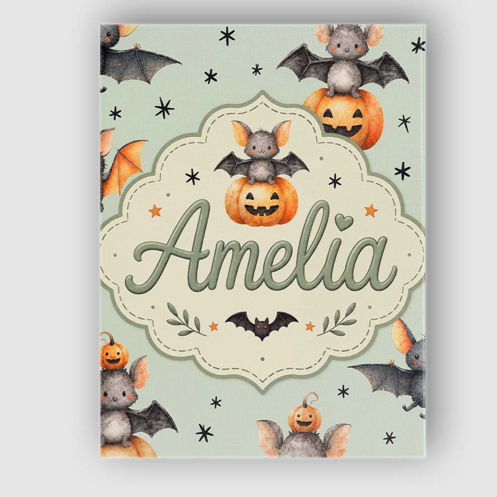 Personalised Name Cute Halloween Bat Custom Premium Decorative Design Modern Room Accent Canvas Wall Art Print Decor Picture Ready to Hang