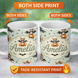 Personalized Custom Name Cute Halloween Bat Pumpkin Star Night Seamless Pattern Sage Green 11oz Ceramic Coffee Tea Mug White Large Handle