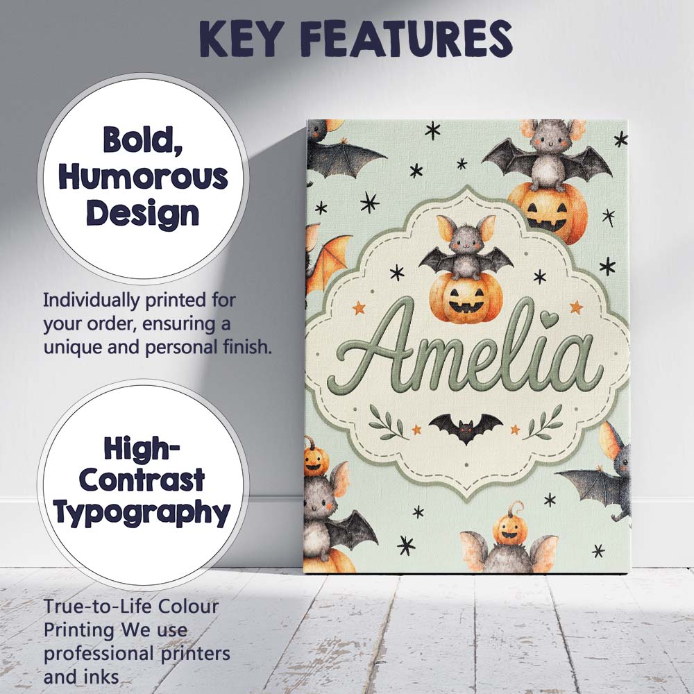 Personalised Name Cute Halloween Bat Custom Premium Decorative Design Modern Room Accent Canvas Wall Art Print Decor Picture Ready to Hang