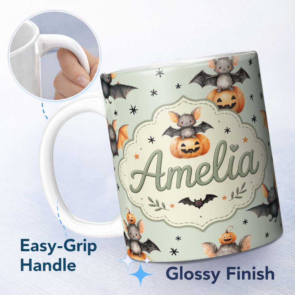 Personalized Custom Name Cute Halloween Bat Pumpkin Star Night Seamless Pattern Sage Green 11oz Ceramic Coffee Tea Mug White Large Handle