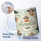 Personalized Custom Name Cute Halloween Bat Pumpkin Star Night Seamless Pattern Sage Green 11oz Ceramic Coffee Tea Mug White Large Handle