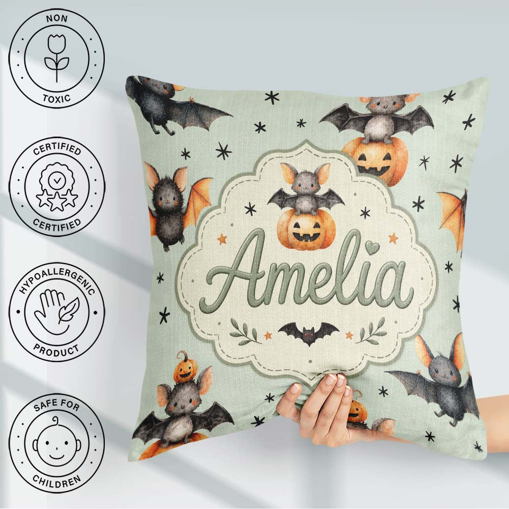Custom Name Halloween Bat Pumpkin Star Night Seamless Sage Green Square Filled Cushion Throw Pillow Sofa Bed Home Decor Zip Washable UK Made