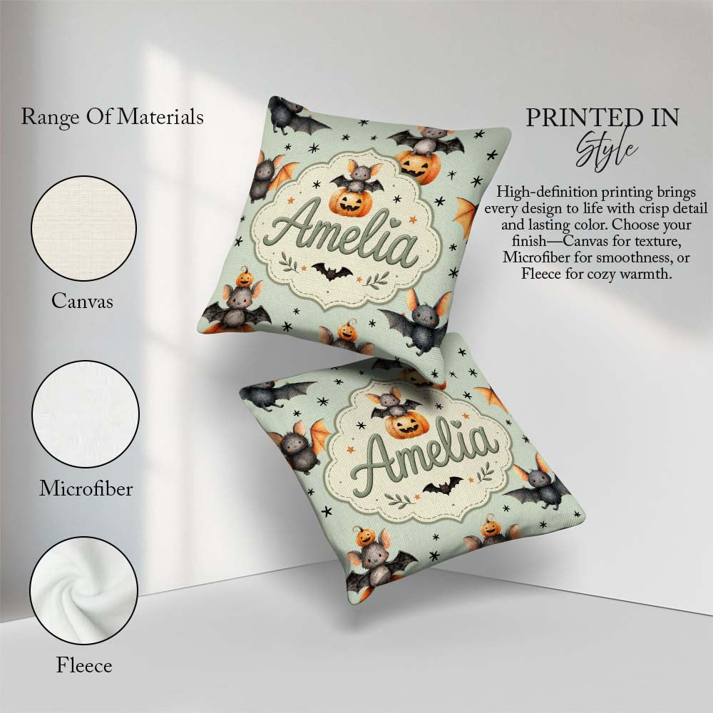 Custom Name Halloween Bat Pumpkin Star Night Seamless Sage Green Square Filled Cushion Throw Pillow Sofa Bed Home Decor Zip Washable UK Made