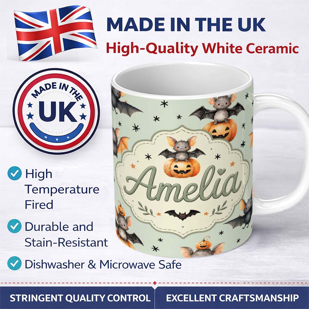 Personalized Custom Name Cute Halloween Bat Pumpkin Star Night Seamless Pattern Sage Green 11oz Ceramic Coffee Tea Mug White Large Handle