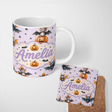 Personalized Custom Name Cute Halloween Bat Pumpkin Star Night Seamless Pattern Soft Lilac 11oz Ceramic Coffee Tea Mug White Large Handle