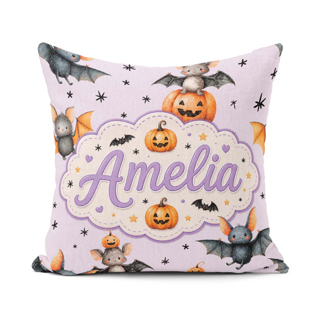 Custom Name Halloween Bat Pumpkin Star Night Seamless Soft Lilac Square Filled Cushion Throw Pillow Sofa Bed Home Decor Zip Washable UK Made