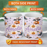 Personalized Custom Name Cute Halloween Bat Pumpkin Star Night Seamless Pattern Soft Lilac 11oz Ceramic Coffee Tea Mug White Large Handle