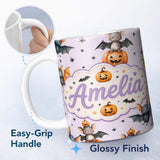 Personalized Custom Name Cute Halloween Bat Pumpkin Star Night Seamless Pattern Soft Lilac 11oz Ceramic Coffee Tea Mug White Large Handle