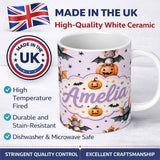 Personalized Custom Name Cute Halloween Bat Pumpkin Star Night Seamless Pattern Soft Lilac 11oz Ceramic Coffee Tea Mug White Large Handle